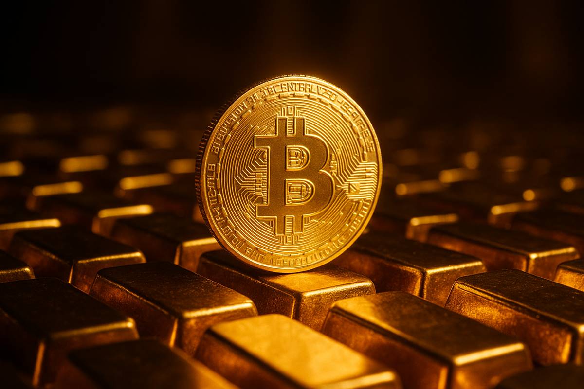 Bitcoin เด่นท่ามกลางแท่งทองคำ สื่อถึงมูลค่าที่เหนือกว่า