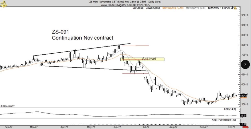 Peter Brandt ใช้แผนภูมิฟองสบู่ Soybean ในปี 1977 เพื่อชี้ให้เห็นความคล้ายคลึงกับแผนภูมิราคา Bitcoin ในปัจจุบัน