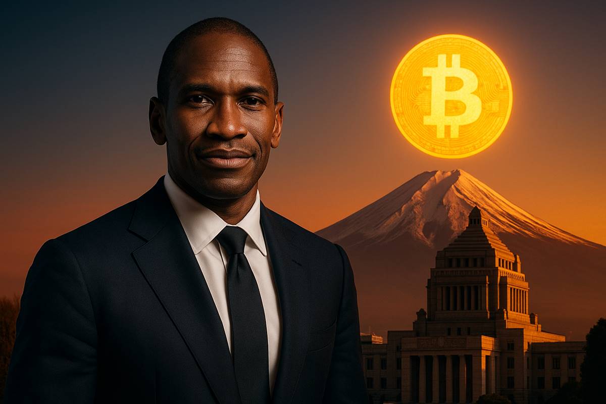 Arthur Hayes ยืนหน้ารัฐสภาญี่ปุ่นกับสัญลักษณ์ Bitcoin เรืองแสง