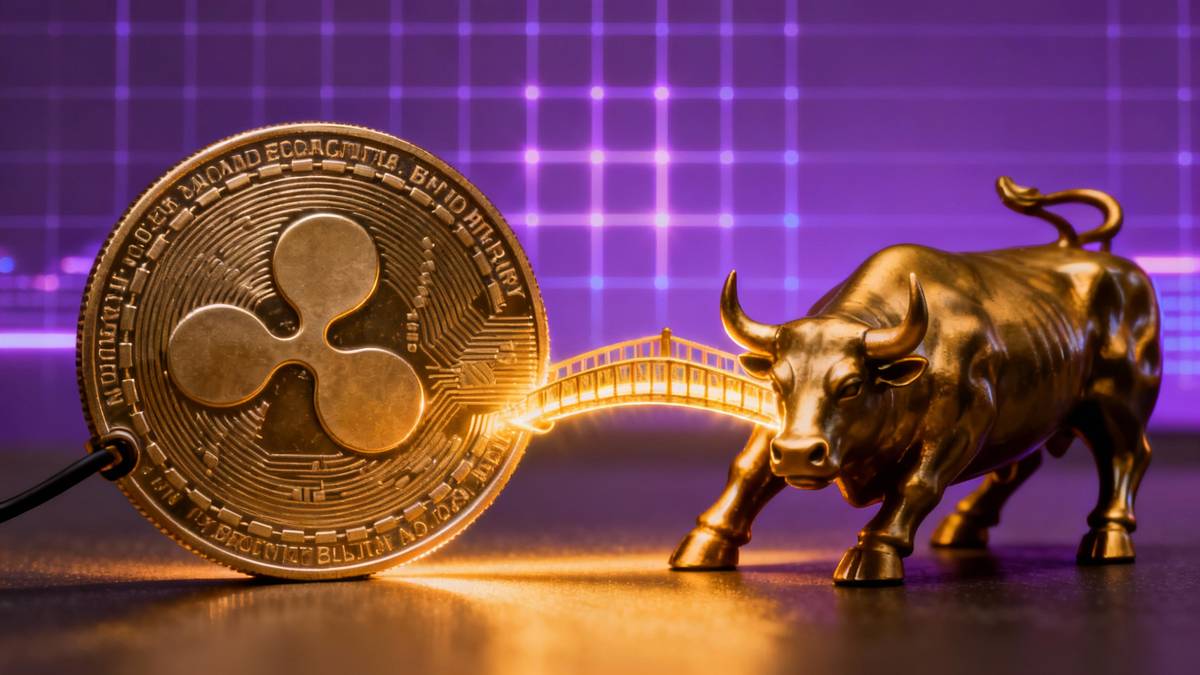 ภาพเหรียญ XRP สีเงินเมทัลลิกเชื่อมต่อกับรูปปั้นกระทิง Wall Street ด้วยสะพานแสงสีทอง สื่อถึงการลงทุนจากสถาบันการเงินที่ไหลเข้าสู่ตลาดคริปโตและเหรียญ XRP