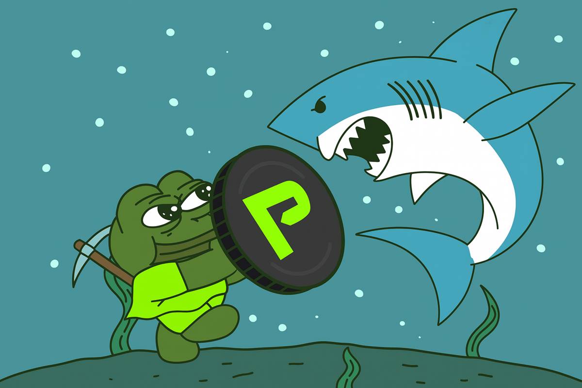 กบ Pepenode ถือเหรียญ P ปะทะฉลามใต้น้ำ ฉากการ์ตูนสีสด