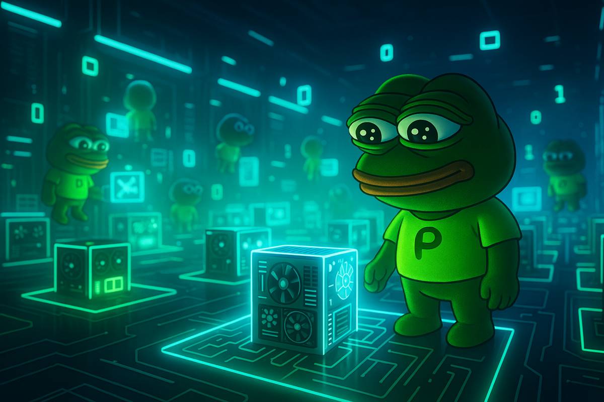 ตัวละคร PepeNode ในห้องขุดคริปโตเรืองแสงสีเขียวนีออน