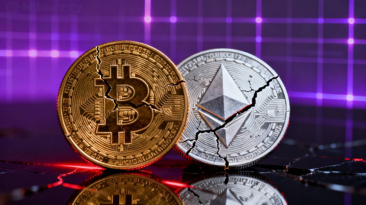 เหรียญ Bitcoin และ Ethereum แตกบนพื้นสะท้อนแสงสีม่วง