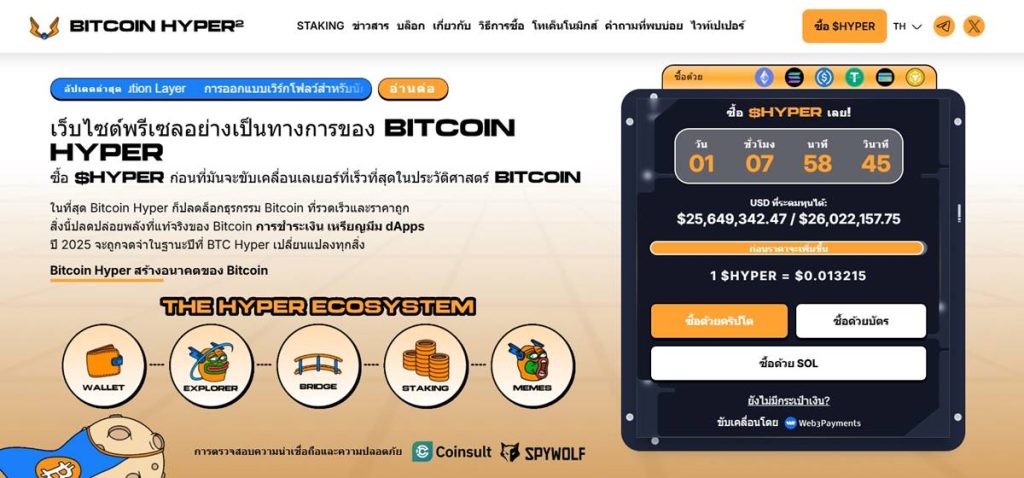 หน้าเว็บไซต์ Bitcoin Hyper แสดงข้อมูลการพรีเซลเหรียญ