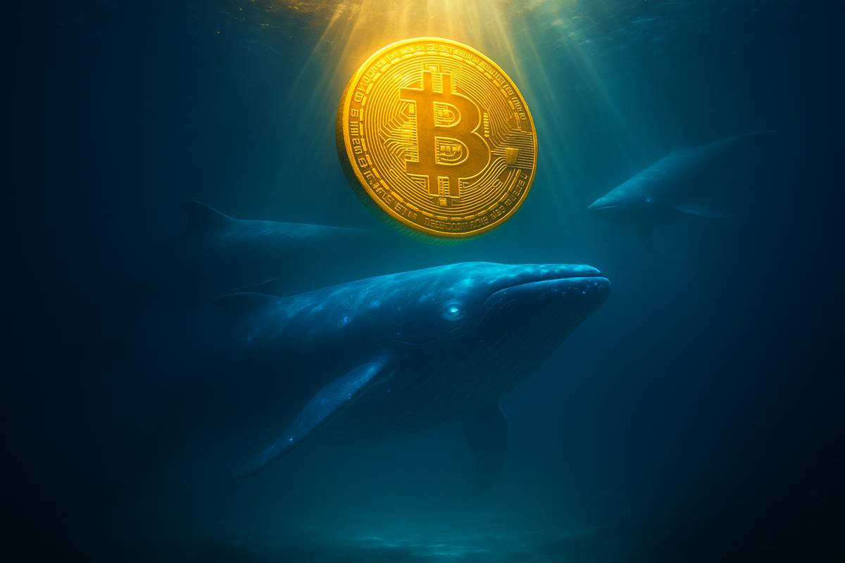 วาฬเรืองแสงว่ายใต้น้ำใต้เหรียญทอง Bitcoin ขนาดใหญ่