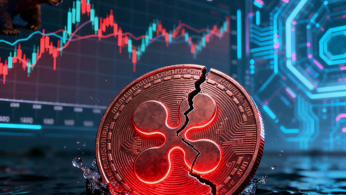 ภาพวิเคราะห์ราคา XRP ที่กำลังปรับฐานร่วงลงอย่างหนัก พร้อมกราฟขาลงเป็นพื้นหลัง