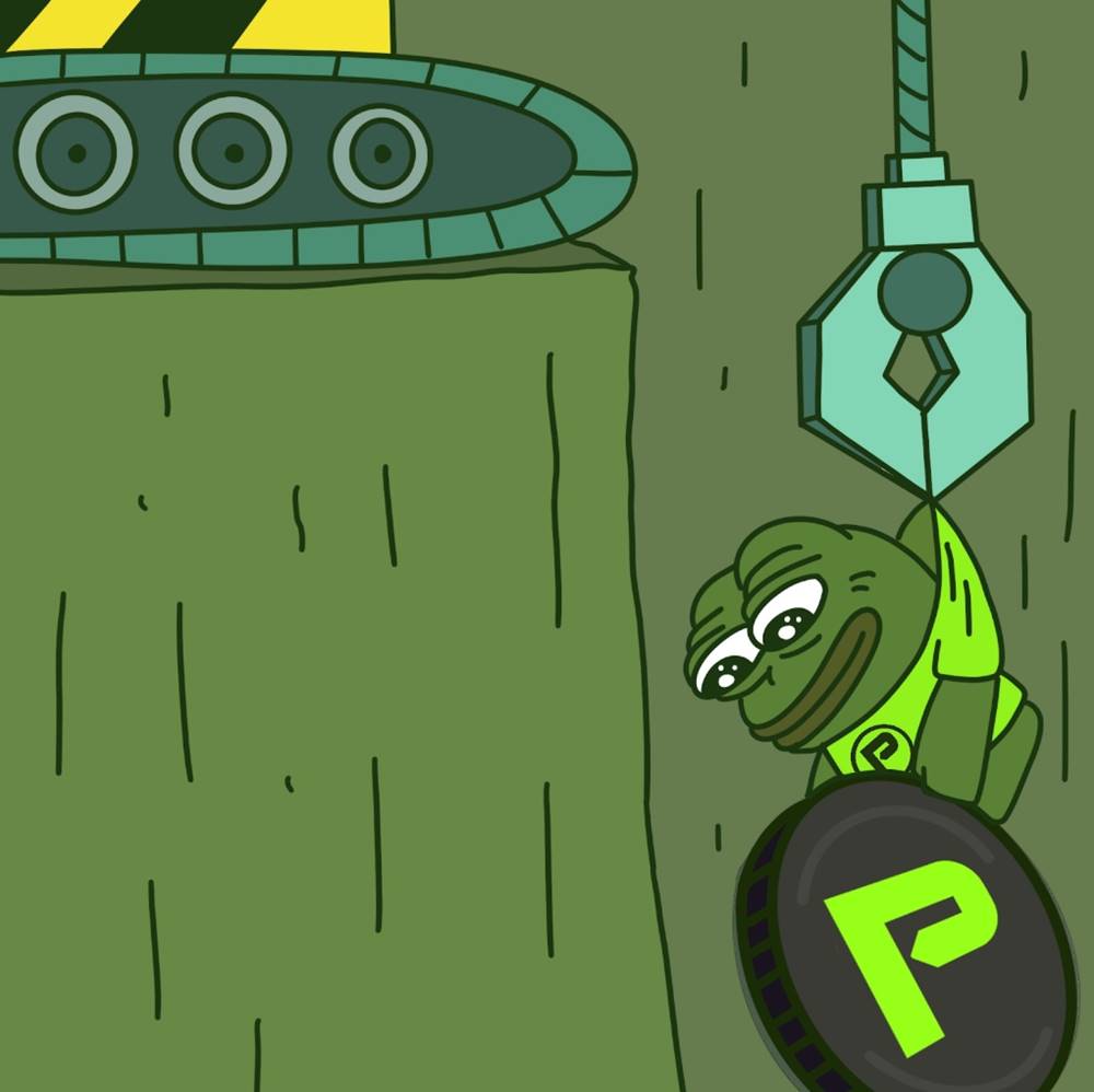 กบ Pepenode ถือเหรียญสีเขียวห้อยจากตะขอเครื่องจักร