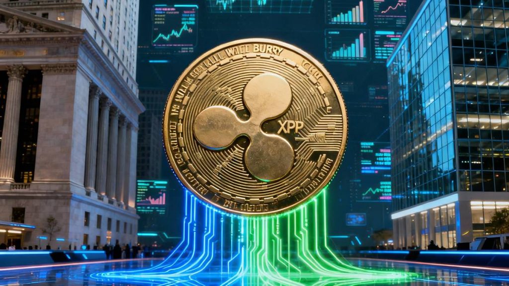 เหรียญ XRP ท่ามกลางกราฟข้อมูลดิจิทัล สะท้อนการเปิดตลาดสำหรับนักลงทุนสถาบันในสหรัฐฯ