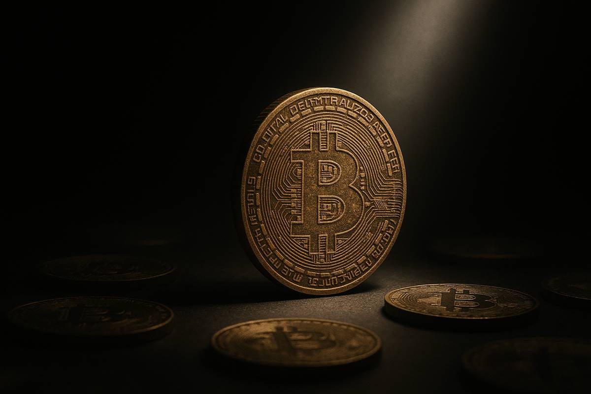 เหรียญ Bitcoin ตั้งเด่นในแสงสปอตไลต์กลางพื้นมืด