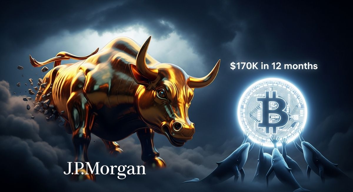 กระทิงโลหะตัวแทนตลาดกระทิงพุ่งเข้าหาสัญลักษณ์ Bitcoin เรืองแสง พร้อมเป้าหมายราคาที่ $170,000