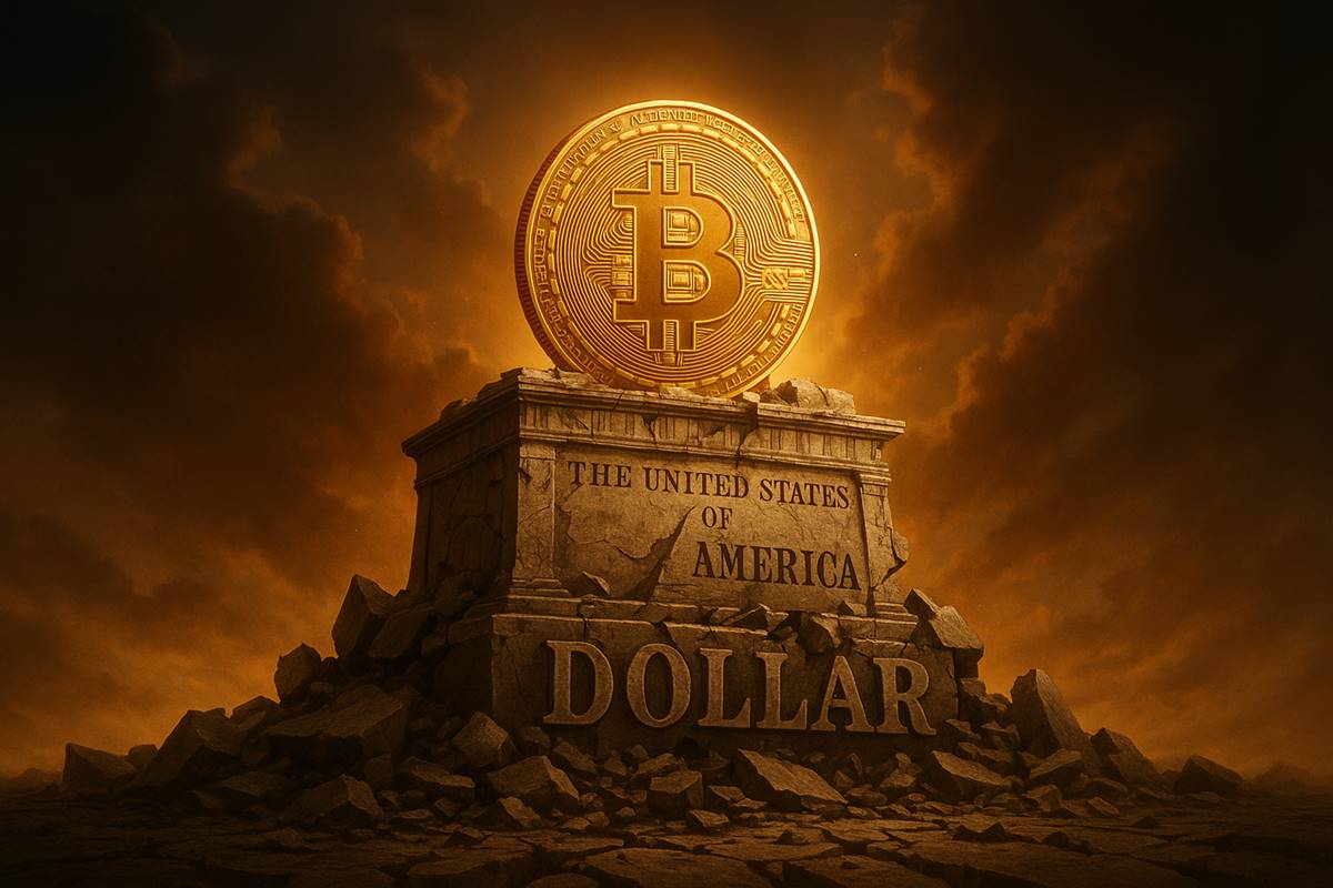 เหรียญ Bitcoin สีทองลอยเหนือแท่นหินดอลลาร์ที่แตกสลาย