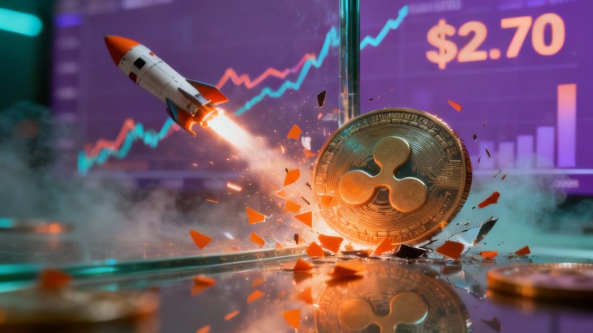 ภาพดิจิทัลที่แสดงถึงการพุ่งขึ้นของเหรียญ Ripple (XRP) 11-11-2025