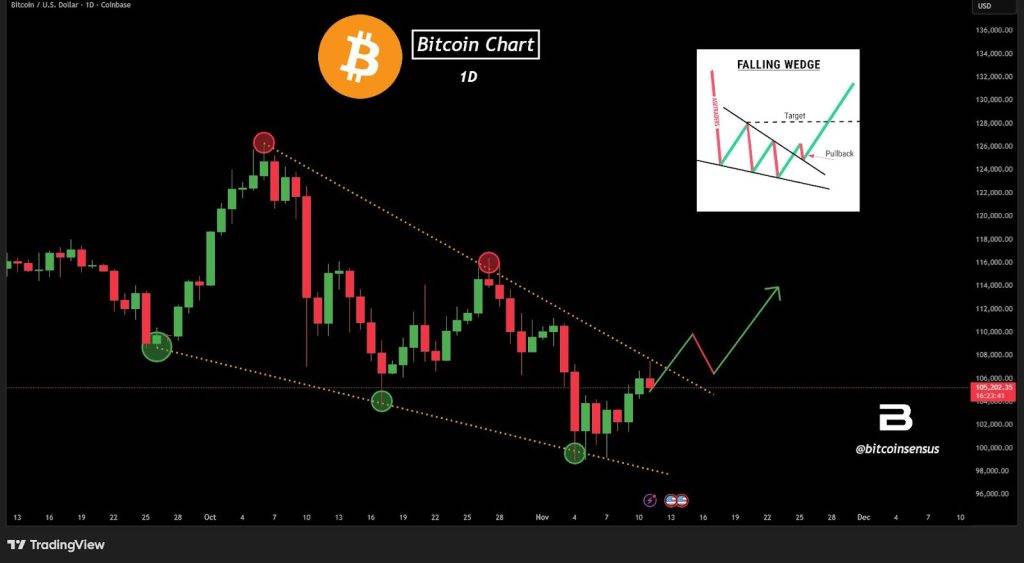 กราฟราคา Bitcoin แสดงรูปแบบ Falling Wedge พร้อมแนวโน้มขาขึ้น