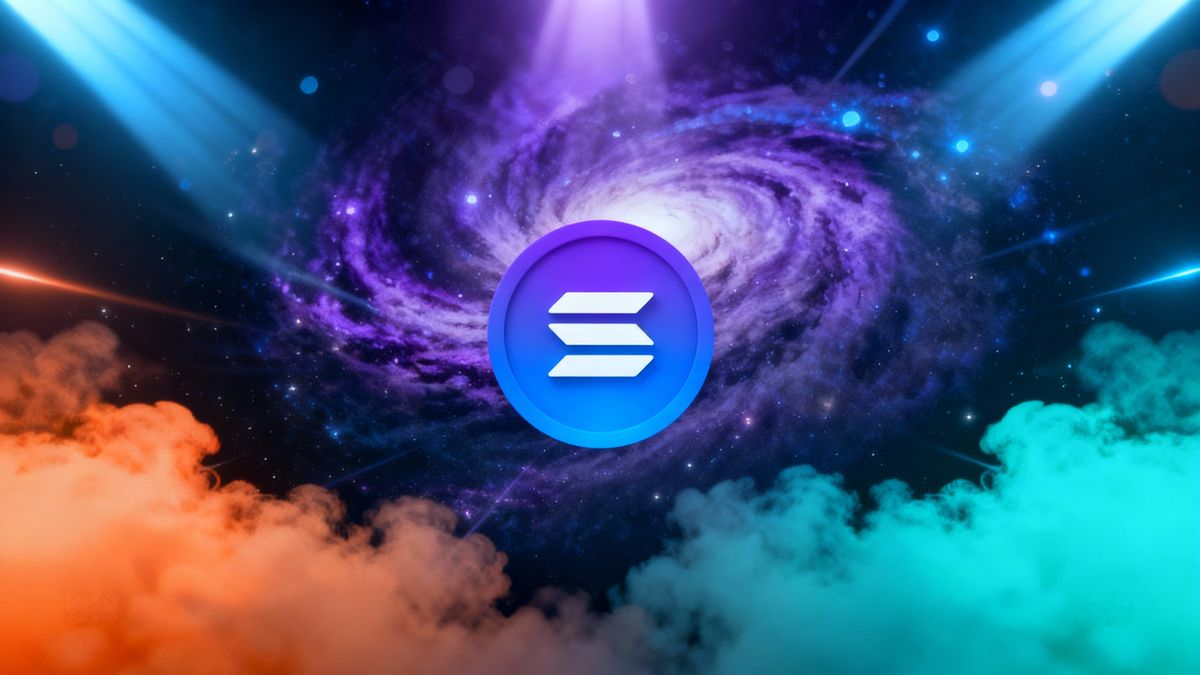 โลโก้สกุลเงินดิจิทัล Solana บนพื้นหลังอวกาศที่น่าทึ่ง 12-11-2025