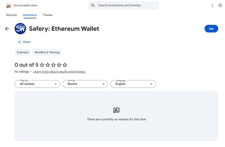 หน้าส่วนขยาย Safery Ethereum Wallet ที่ไม่มีรีวิวบน Chrome Web Store