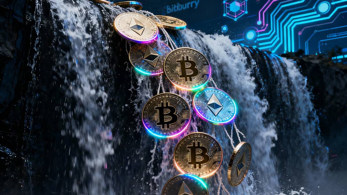เหรียญ Bitcoin และ Ethereum เรืองแสงถูกกระแสน้ำตกทางการเงินขนาดใหญ่ดูดลงไป สื่อถึงเงินทุน ETF ที่ไหลออกเป็นประวัติการณ์