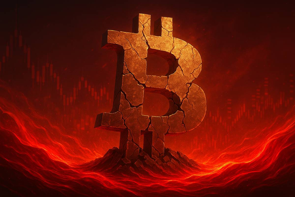 Bitcoin ที่มีรอยแตกถูกล้อมรอบด้วยคลื่นสีแดงเรืองแสง