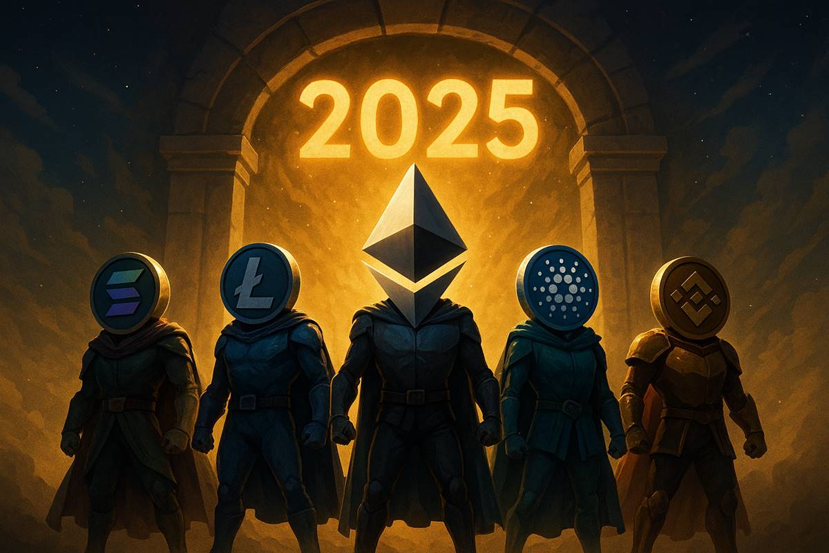 กลุ่มมาสคอตเหรียญ Altcoin ยืนหน้าโค้งประตูปี 2025