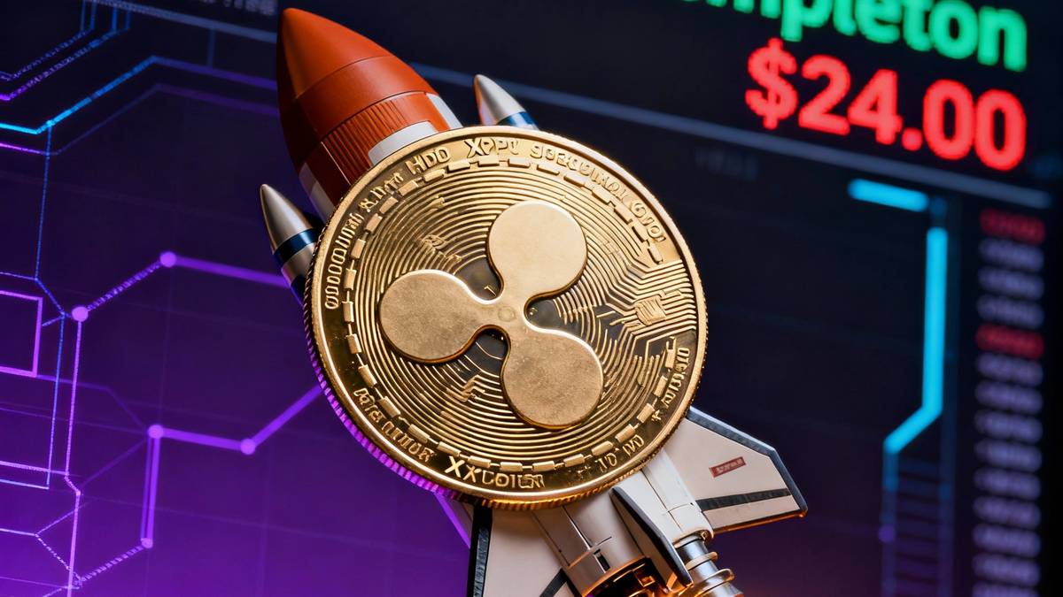 ภาพเหรียญ XRP ที่มีกราฟราคาพุ่งขึ้น พร้อมโลโก้กองทุน ETF เป็นพื้นหลัง สื่อถึงการวิเคราะห์ราคา XRP