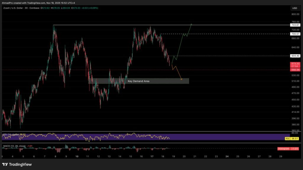 กราฟการเคลื่อนไหวของราคา ZECUSD บน TradingView 18-11-2025