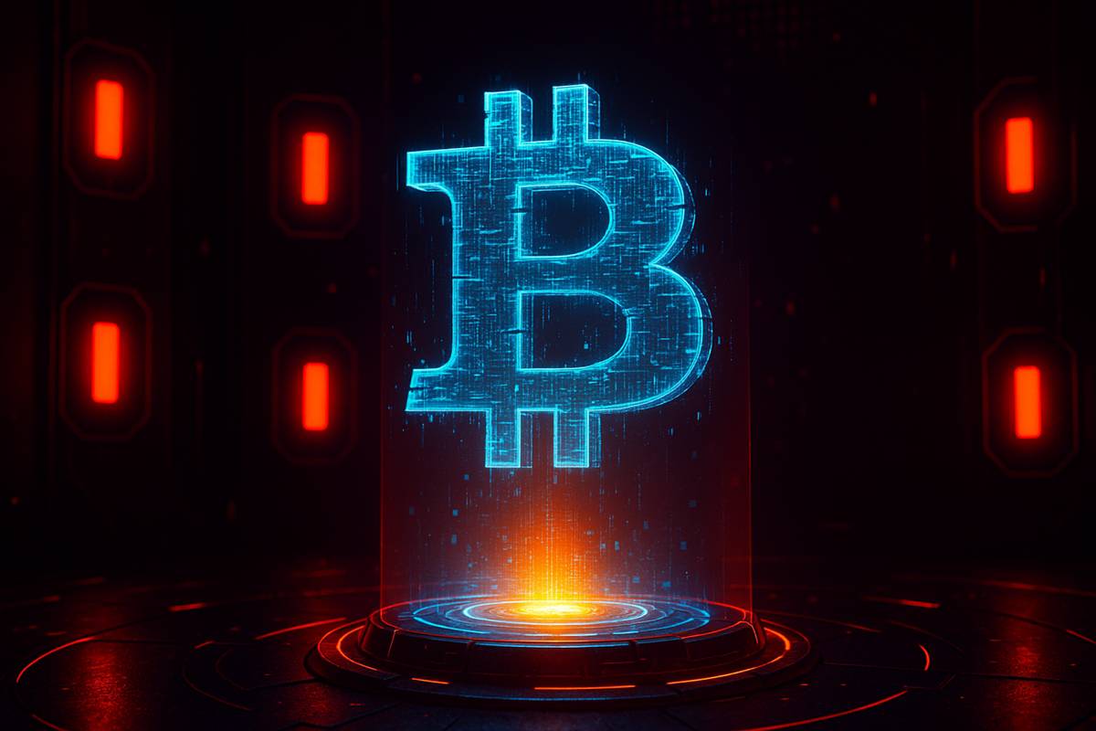 โฮโลแกรมโลโก้ Bitcoin สีฟ้า ล้อมด้วยไฟเตือนสีแดงในห้องอนาคต