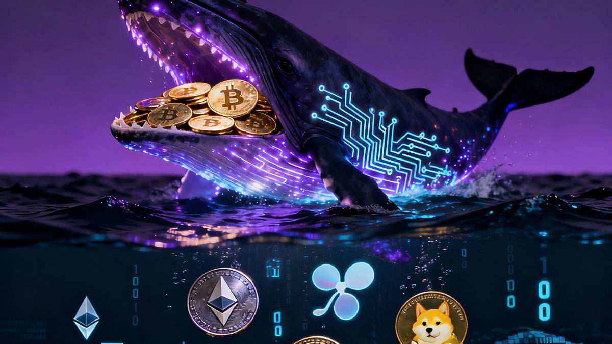 ภาพวาฬกำลังสะสมเหรียญ Bitcoin (BTC) ขณะที่เหรียญ ETH XRP และ Dogecoin กำลังร่วงลง