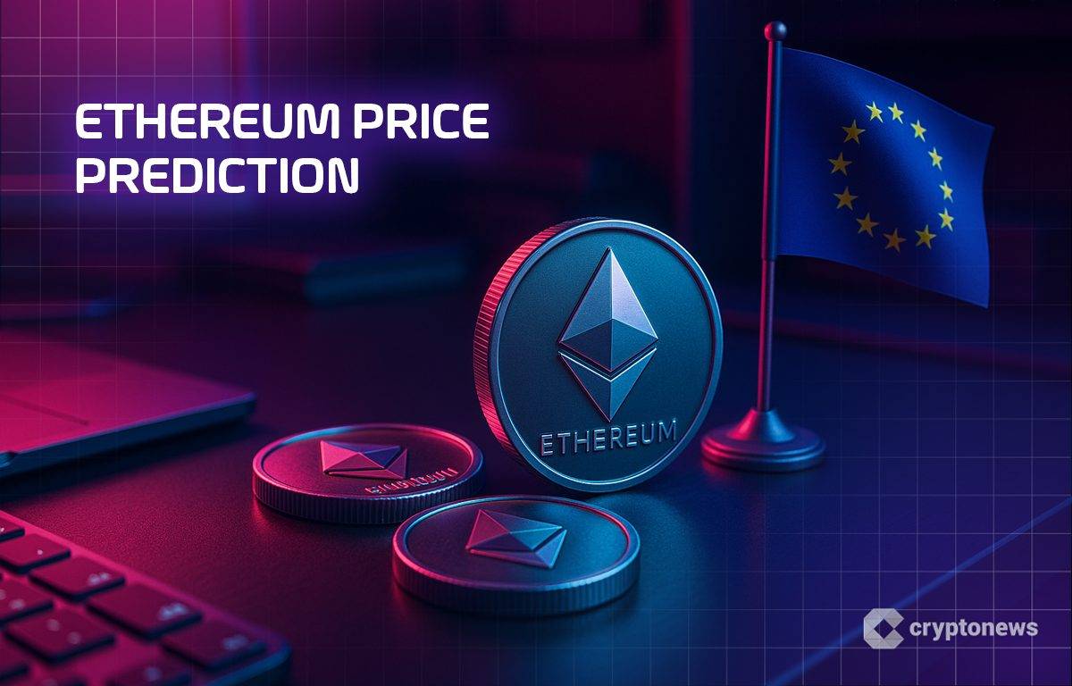 Ethereum เหรียญโลหะเรืองแสงคู่ธงสหภาพยุโรปบนโต๊ะมืด