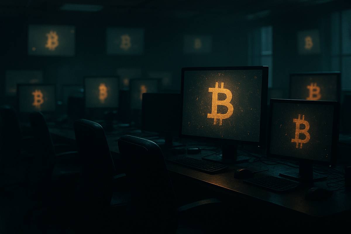 ห้องเทรดคริปโตมืดสลัวพร้อมจอแสดงสัญลักษณ์ Bitcoin