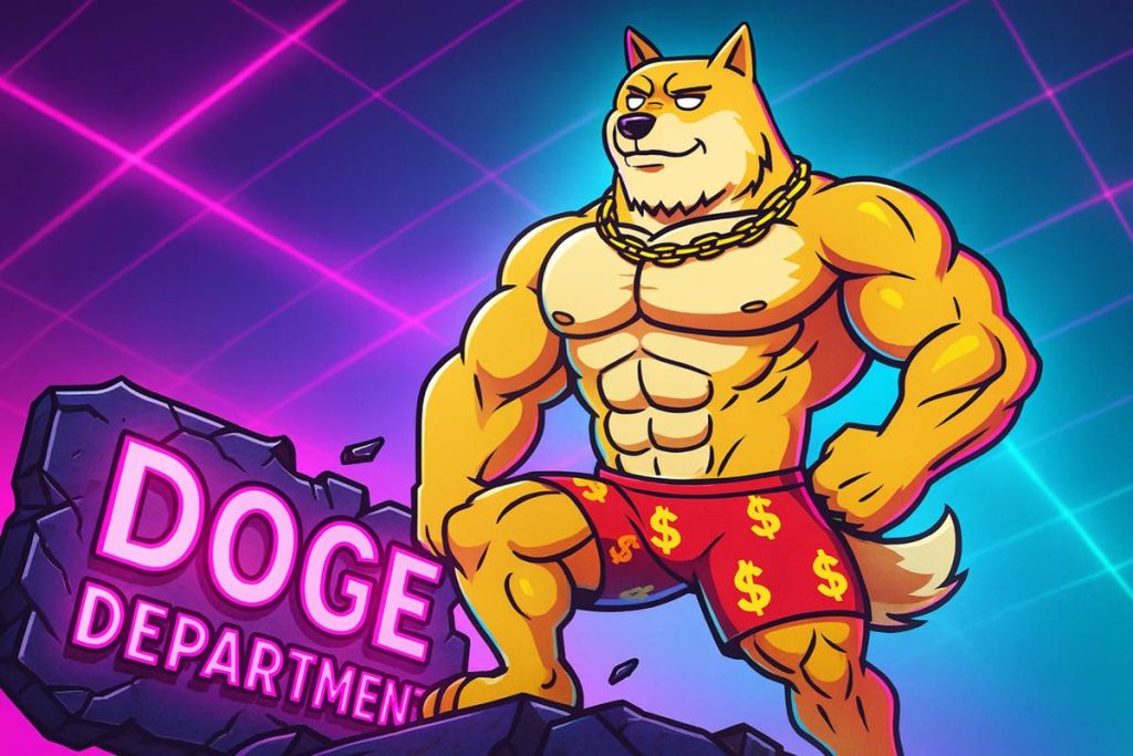 มาสคอต Maxi Doge กล้ามโตยืนบนป้ายหินแตกไฟนีออน