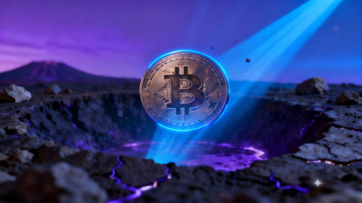 เหรียญ Bitcoin เรืองแสงในหลุมมืดท่ามกลางท้องฟ้าสีม่วง-น้ำเงิน 24-11-2025