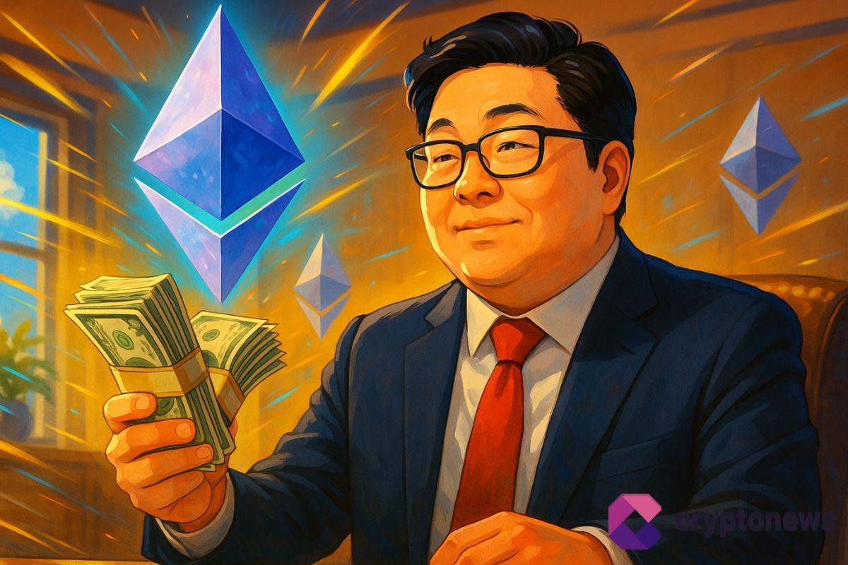 Tom Lee ถือเงินสดพร้อมสัญลักษณ์ Ethereum ลอยอยู่