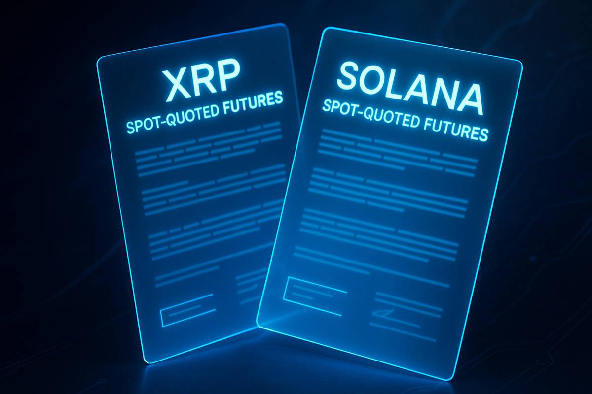 เอกสาร XRP และ Solana ฟิวเจอร์สดิจิทัลแบบโฮโลแกรมสีฟ้าเรืองแสง