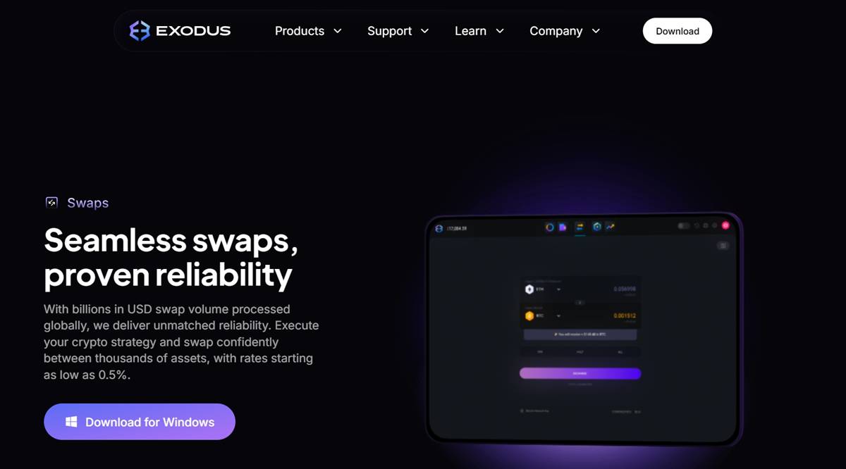 หน้าเว็บไซต์ Exodus แอป Crypto Exchange Wallet โหมดสวอปบนพื้นหลังสีเข้ม