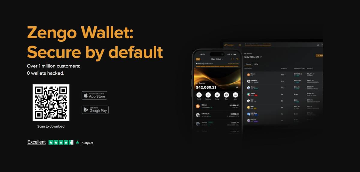 หน้าแอป Crypto Exchange Wallet Zengo บนมือถือและเดสก์ท็อป