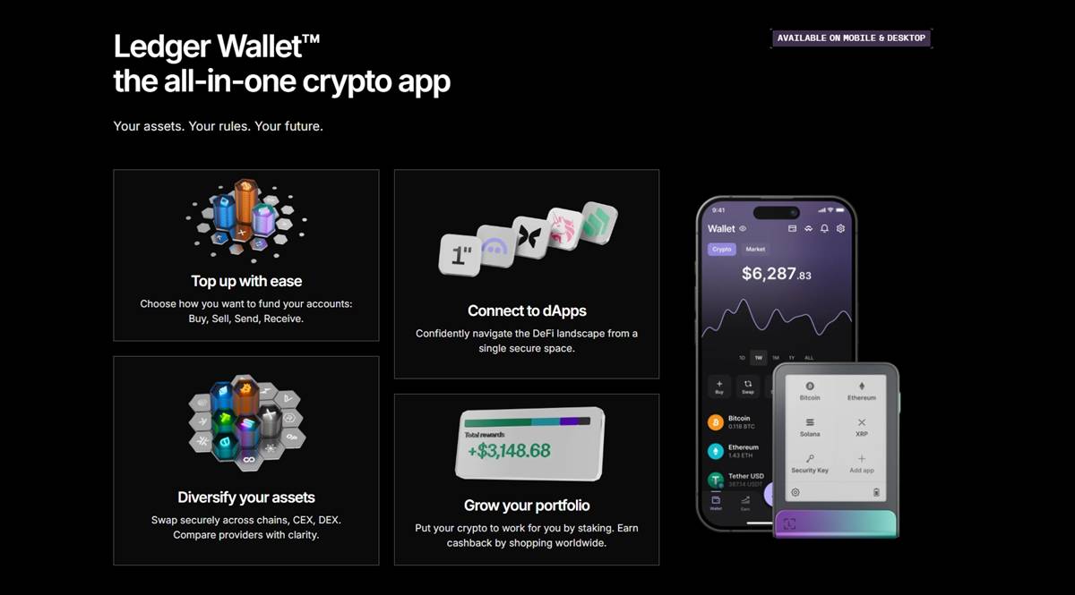 หน้าจอแอป Crypto Exchange Wallet Ledger บนมือถือและอุปกรณ์ฮาร์ดแวร์