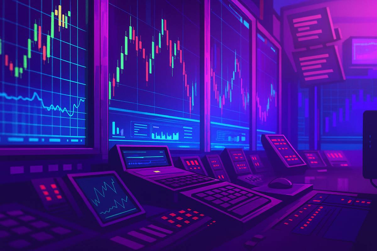 ห้องควบคุมสไตล์นีออนพร้อมจอมอนิเตอร์คล้าย Crypto Exchange Wallet