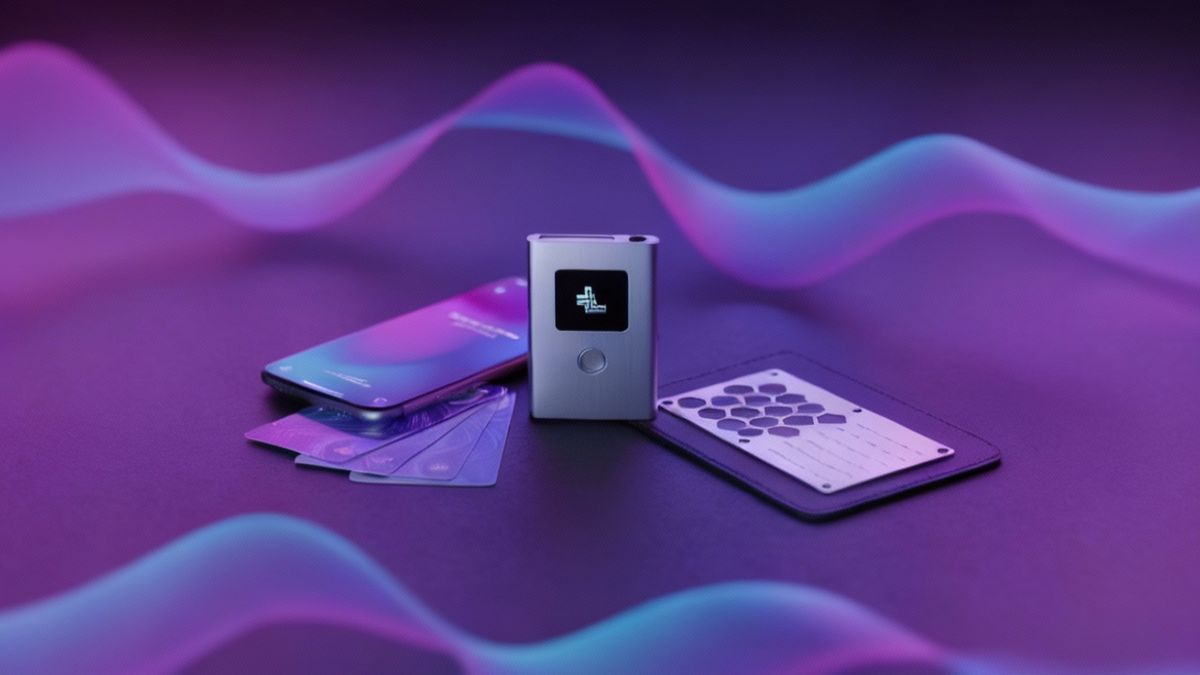 กระเป๋าเงินฮาร์ดแวร์ Ledger บนโต๊ะมืดพร้อมสมาร์ทโฟนและบัตรเครดิต 27-11-2025