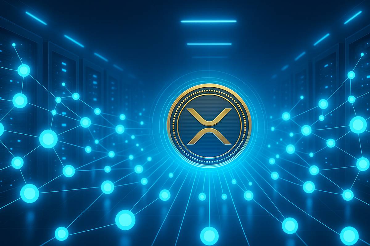 เหรียญ XRP เรืองแสงอยู่กลางศูนย์ข้อมูลสีน้ำเงินล้ำสมัย