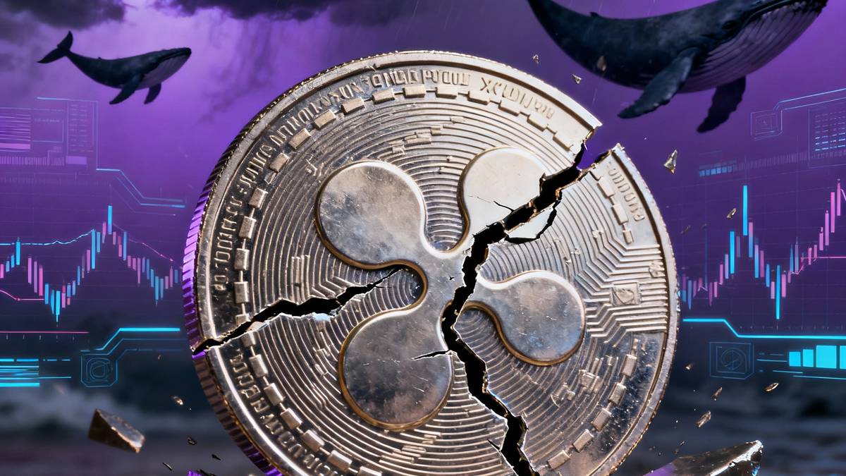 กราฟราคา XRP แสดงแท่งเทียนสีแดงร่วงลง พร้อมไอคอนวาฬกำลังเทขายเหรียญ ท่ามกลางบรรยากาศตลาดที่น่ากังวล
