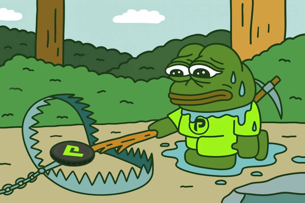 มาสคอต Pepenode ทำสีหน้ากังวลใช้ไม้เขี่ยเหรียญใกล้กับกับดักเหล็ก