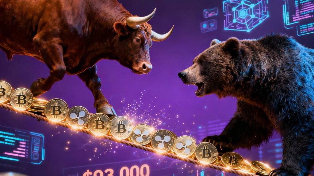 กราฟราคา Bitcoin และ XRP ที่แสดงภาวะตลาดกระทิงปะทะตลาดหมี พร้อมคำเตือนเรื่อง Fakeout Rally