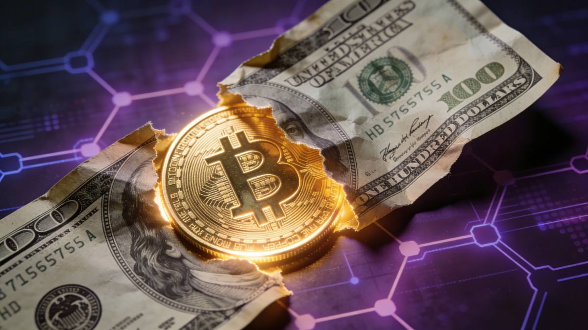 ธนบัตรดอลลาร์สหรัฐที่แตกสลายกลายเป็นเหรียญ Bitcoin ทองคำ