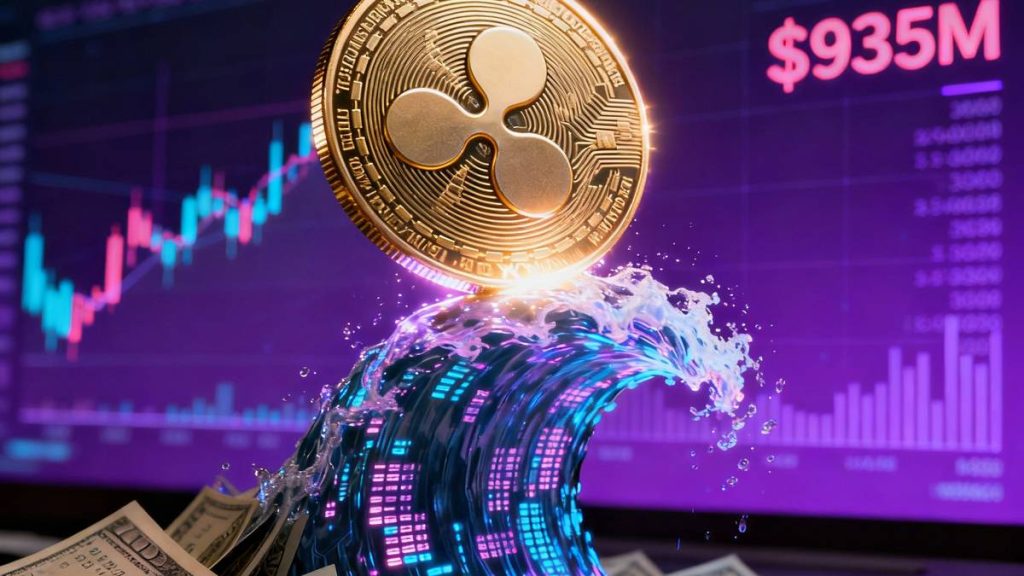 ภาพเหรียญ XRP ที่กำลังส่องสว่าง โดยมีกราฟเงินทุนจากสถาบันมูลค่า 935 ล้านดอลลาร์ไหลเข้าเป็นพื้นหลัง