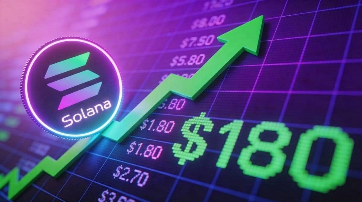 กราฟราคา Solana ที่กำลังปรับตัวขึ้น พร้อมโลโก้ Solana และกองทุน ETF