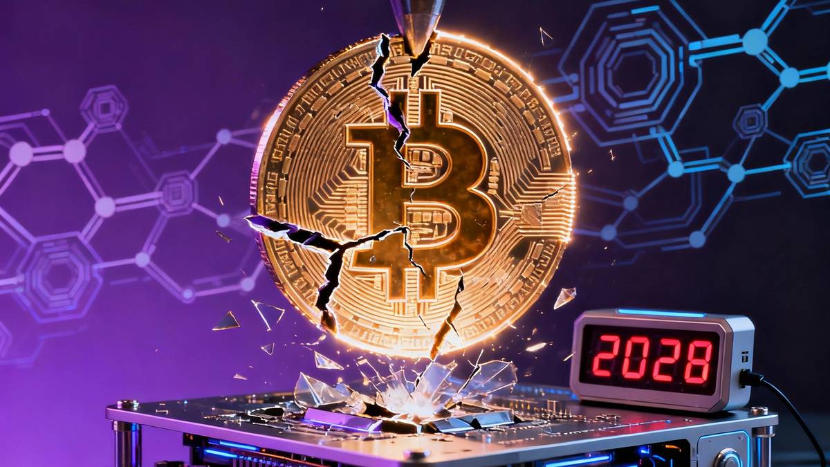 ภาพสัญลักษณ์ Bitcoin ที่กำลังแตกร้าวภายใต้แรงกดดันจากคอมพิวเตอร์ควอนตัม พร้อมนาฬิกาดิจิทัลที่แสดงปี 2028