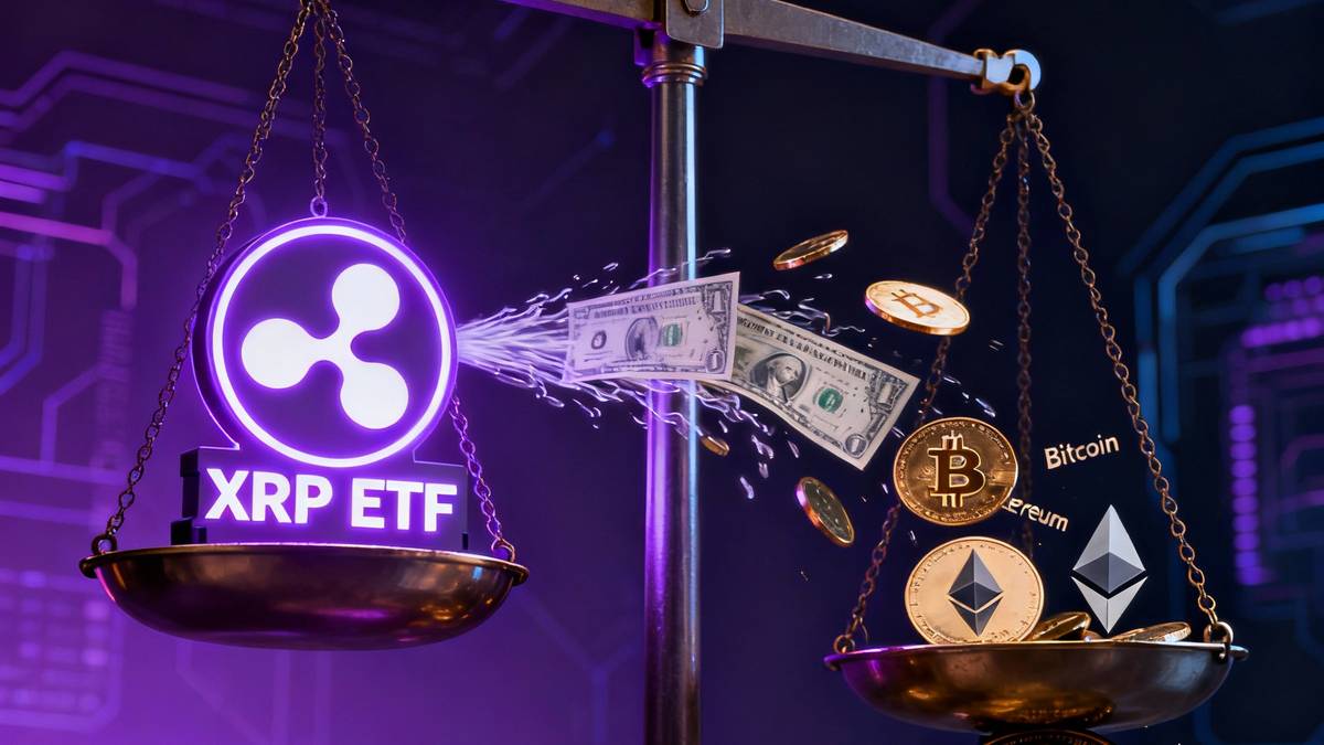 ภาพเปรียบเทียบกองทุน XRP ETF ที่มีเงินไหลเข้ามหาศาล สวนทางกับราคาเหรียญ XRP ที่กำลังร่วงลง โดยมีเหรียญ Bitcoin และ Ethereum อยู่ในฉากหลัง
