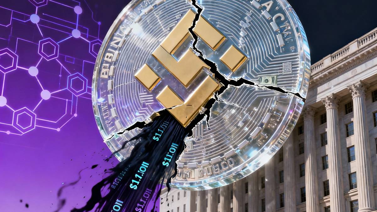 ภาพข่าว Binance ล่าสุด ที่แสดงเหรียญ Binance โปร่งใสกำลังแตกร้าวและมีเงินทุนมืดไหลออกมา