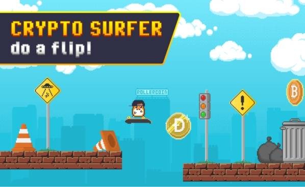 เกม Crypto Surfer สไตล์พิกเซล ตัวละครกระโดดหลบเหรียญคริปโตบนฉากเมือง