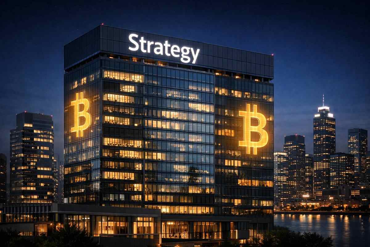 อาคารสำนักงานใหญ่ Strategy ทันสมัยในยามค่ำคืน พร้อมสัญลักษณ์ Bitcoin เรืองแสง บนฉากหลังเมืองการเงิน