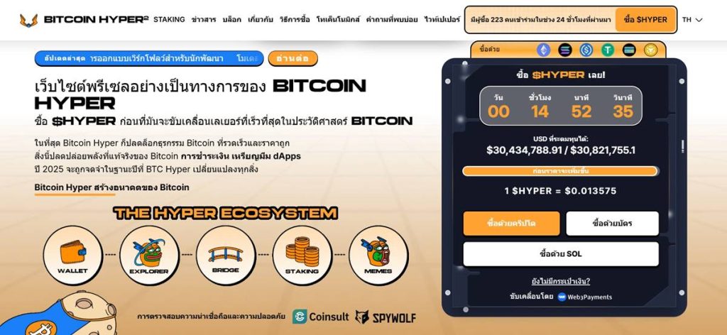 หน้าเว็บไซต์ Bitcoin Hyper แสดงแดชบอร์ด Presale เหรียญ $HYPER พร้อมตัวนับเวลา ยอดระดมทุน ราคาเหรียญ และปุ่มซื้อด้วยคริปโตและ SOL